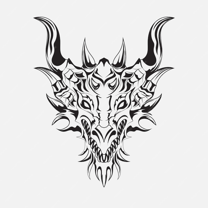 Premium Vector | Dragon head tattoos monochrome black and white ...