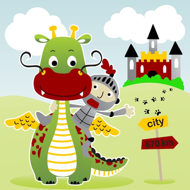 Premium Vector Dragon And Knight With Castle Vector Cartoon Illustration