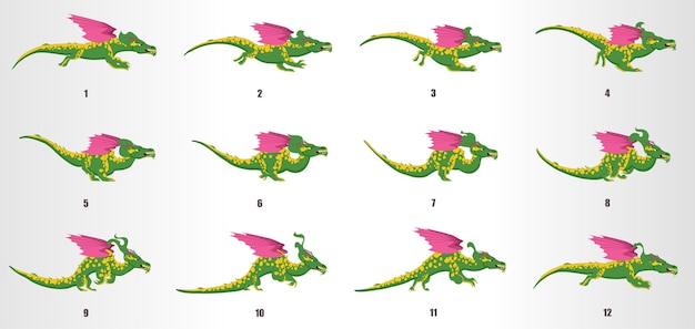 Dragon run cycle animation frames loop animation sequence sprite sheet Premium Vector