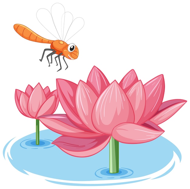 Free Vector Dragonfly With Pink Lotus Cartoon Style On White Background