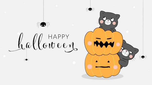 Premium Vector Draw Banner Cat With Pumpkin And Spider For Halloween