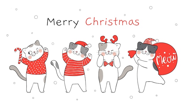 Premium Vector | Draw banner happy santa cat for winter new year and ...