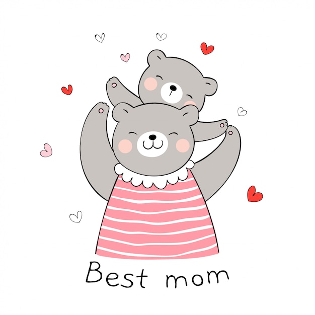 Draw bear mom and baby with little heart on white for mother'day. | Premium Vector