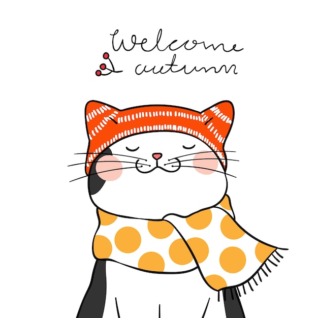 Premium Vector Draw Black Cat With Beauty Scarf And Word Welcome Autumn