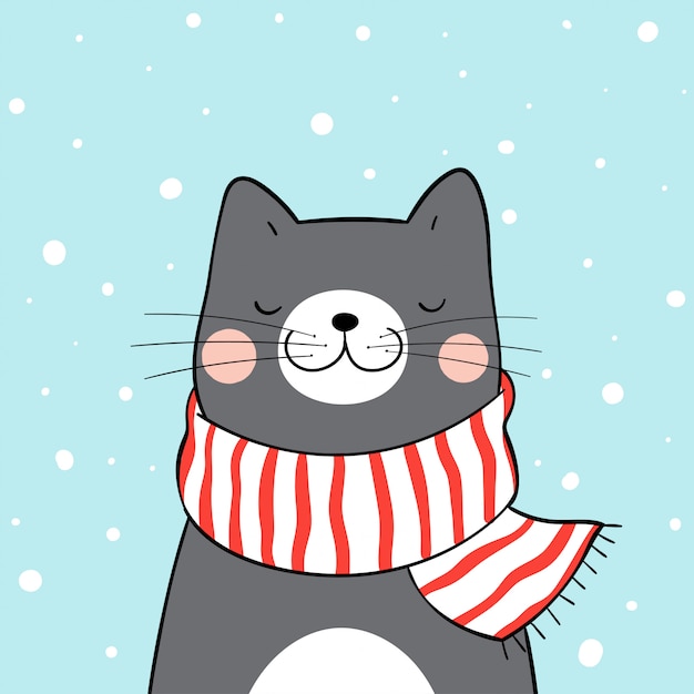 Premium Vector | Draw black cat with red scarf in snow for christmas.