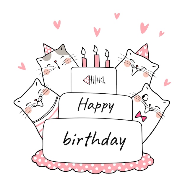 Draw cat in beauty cake for party birthday Vector | Premium Download