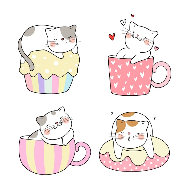 一杯の紅茶とカップケーキに猫の異なるポーズを描きます プレミアムベクター