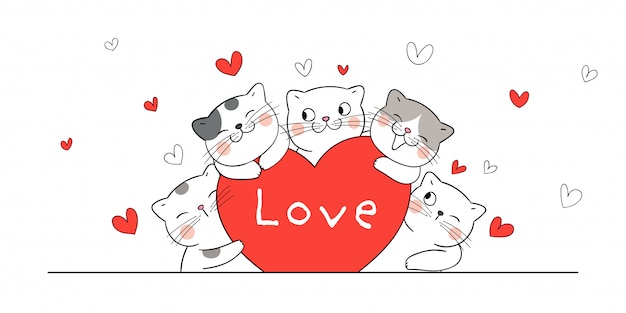 Draw cat hug red hearts for valentine's day. | Premium Vector