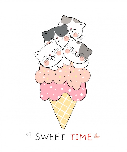 Download Draw cat in ice cream cones.sweet color. | Premium Vector
