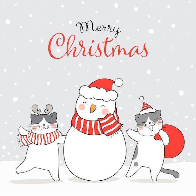 Premium Vector Draw cat in snow with snowman winter new year and