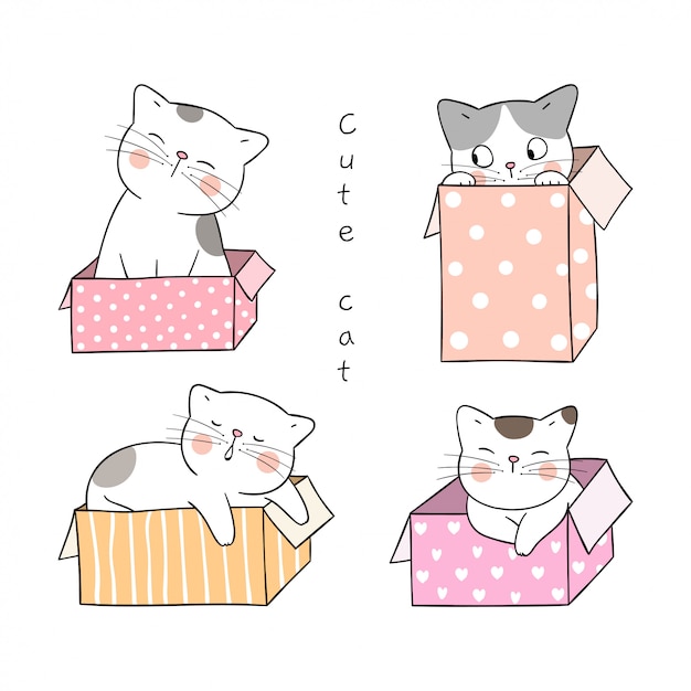 Premium Vector Draw cat in sweet box isolated on white.