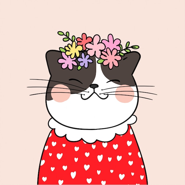Draw cat with beauty flower on head pink pastel background Vector