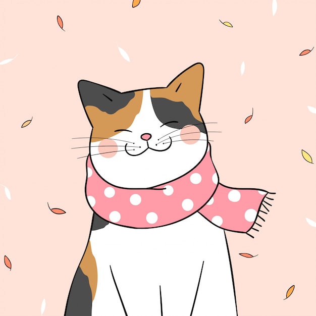 Draw cat with beauty scarf for autumn season. Vector | Premium Download