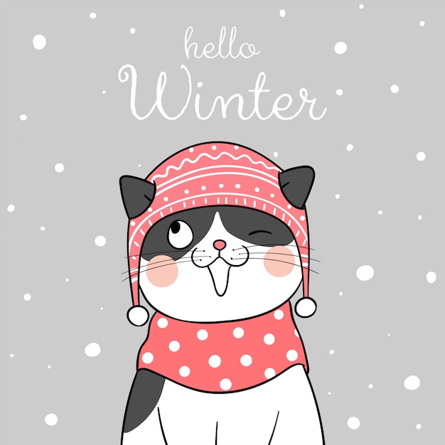 Premium Vector | Draw cat with beauty scarf in snow for christmas.