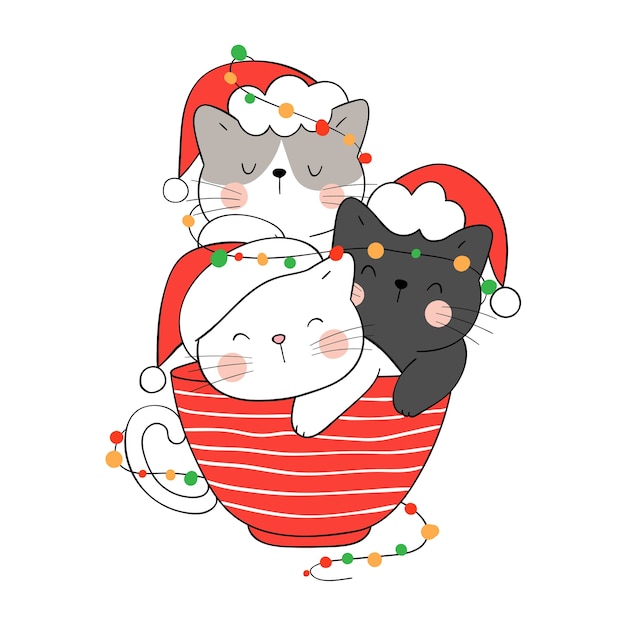 Premium Vector | Draw cat with christmas light in red cup for new year ...