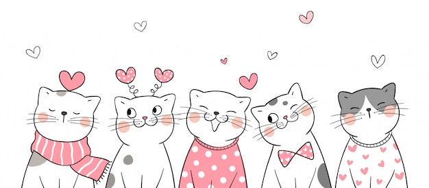 Draw cat with little hearts for valentine. | Premium Vector