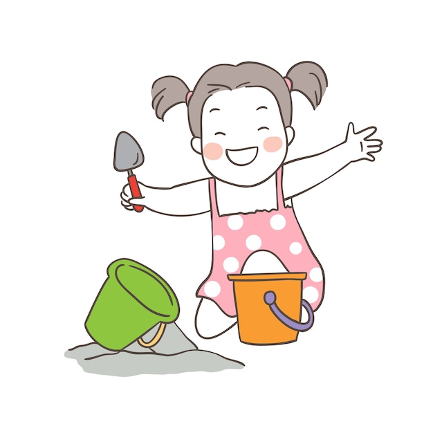 Draw Character Cute Girl Play On The Beach Premium Vector