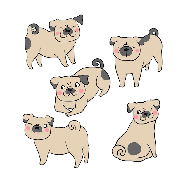 キャラクターセットpug犬の茶色を描く プレミアムベクター