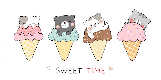 Premium Vector | Draw collection cat in ice cream cones for summer