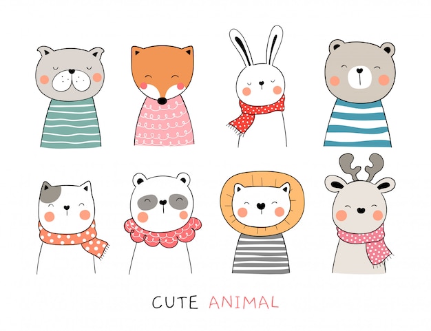 Draw collection cute animal on white. Premium Vector