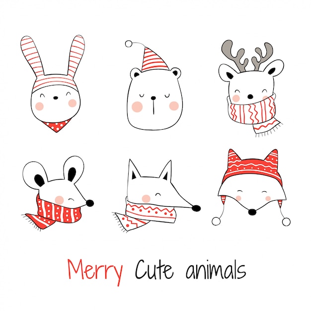 Draw Collection Head Of Happy Animals For Christmas Premium Vector