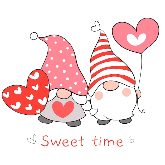 Premium Vector | Draw couple love gnomes with red heart for valentine