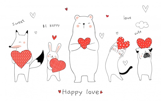 Download Draw cute animals holding red heart for valentine day ...