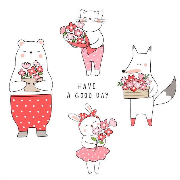Premium Vector Draw cute cat bear rabbit and fox holding flower