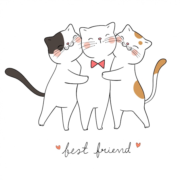 Premium Vector Draw cute cat hug with love and word best friend.