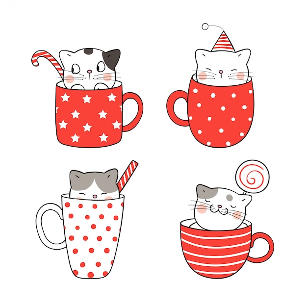 クリスマスにコーヒーと紅茶でかわいい猫を描いてください プレミアムベクター