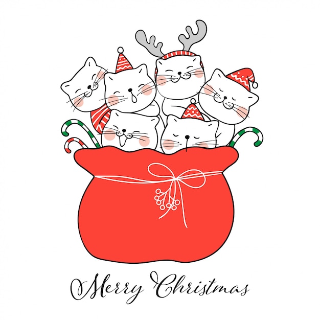 Draw cute cat in red bag santa claus for christmas Vector Premium