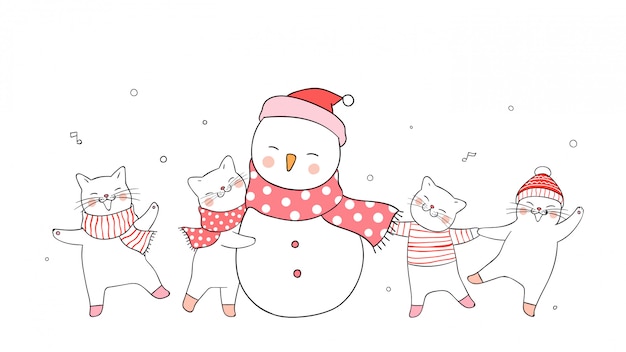 Draw cute cat and snowman on white winter concept. | Premium Vector