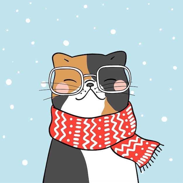 Premium Vector Draw cute cat with beauty scarf in snow for winter season