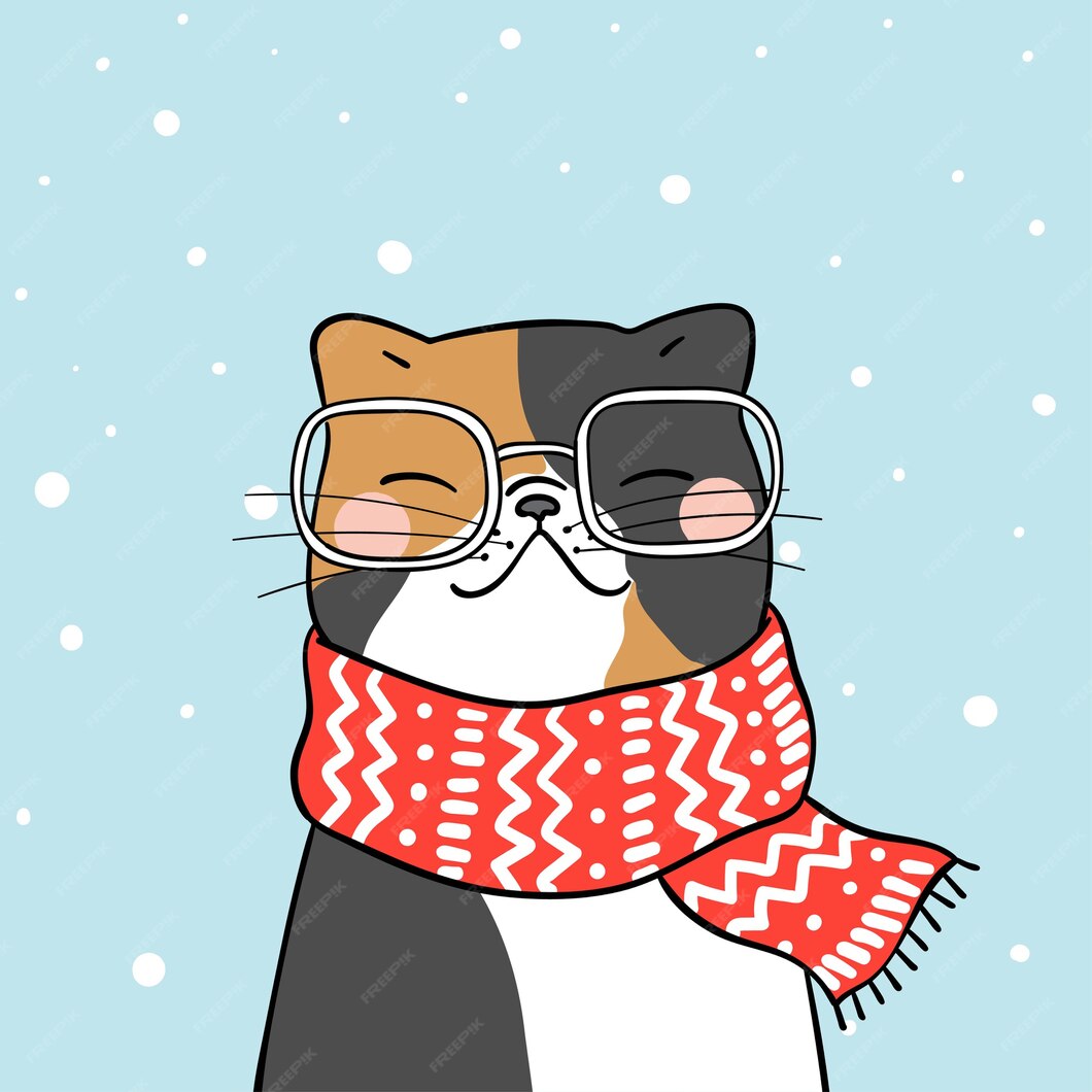 Premium Vector | Draw cute cat with beauty scarf in snow for winter season