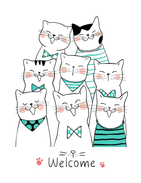 Premium Vector Draw Cute Cats On White And Word Welcome