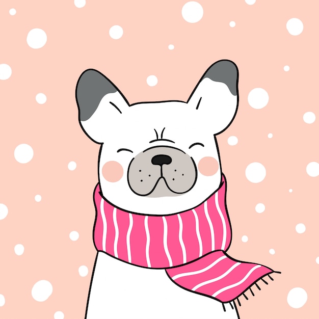 Premium Vector Draw french bulldog with pink scarf in snow for christmas.