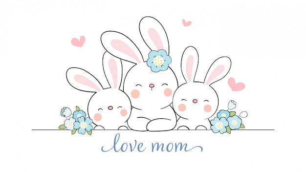 Download Draw mom rabbit and cute baby with beauty flower for ...