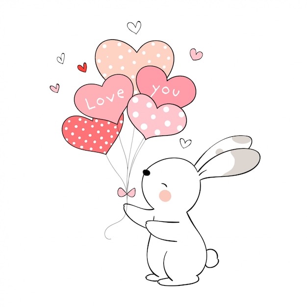 Draw Rabbit Holding Balloon For Valentines Day Premium Vector