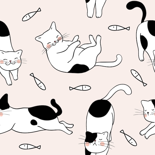 Premium Vector Draw Seamless Pattern Cute Cat