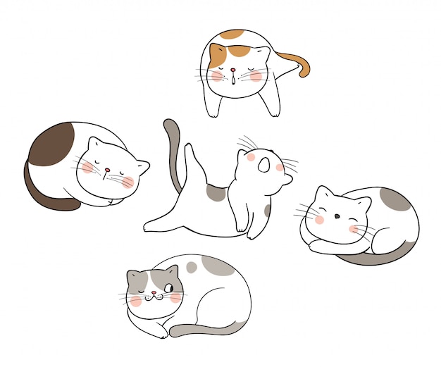 Draw set cute cat different pose | Premium Vector