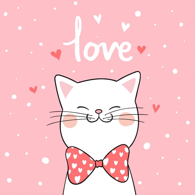 Draw white cat with pink background for valentine Premium Vector