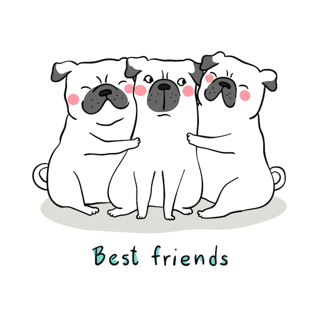 愛と言葉の親友と白いパグの犬の抱擁を描く プレミアムベクター