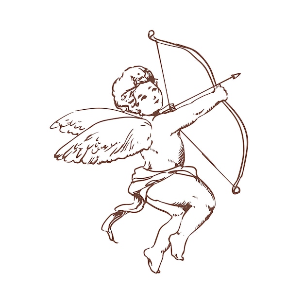 Premium Vector Drawing of adorable cupid with bow aiming or shooting