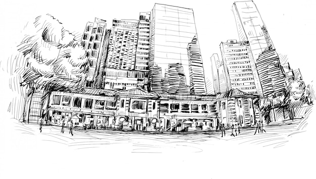 Drawing of the building in hong kong hand draw Premium Vector