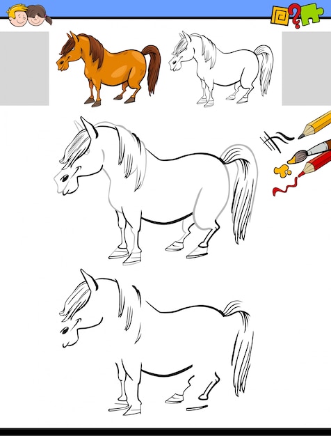 premium vector  drawing and coloring activity with horse or