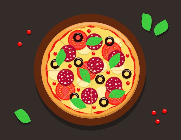 トマト ペパロニソーセージ オリーブチーズ バジルの丸いピザの絵 プレミアムベクター