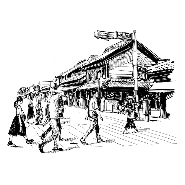 京都の旧市街を描く日本の街並みの絵 プレミアムベクター