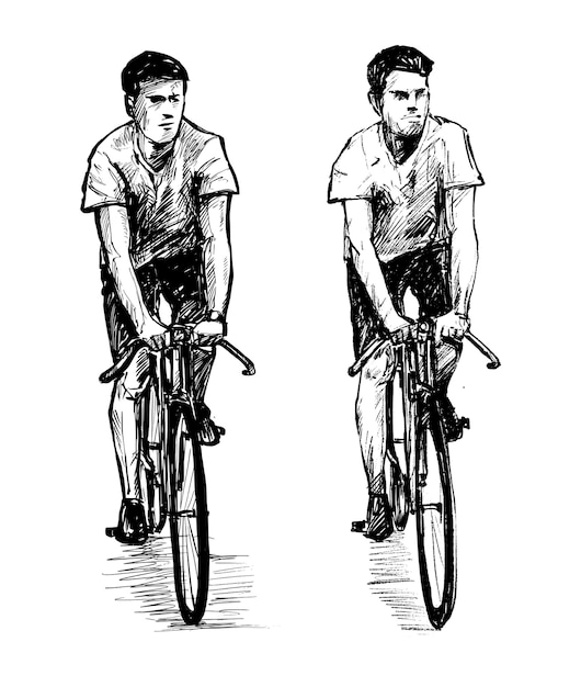 自転車の手を引く男の描画  プレミアムベクター