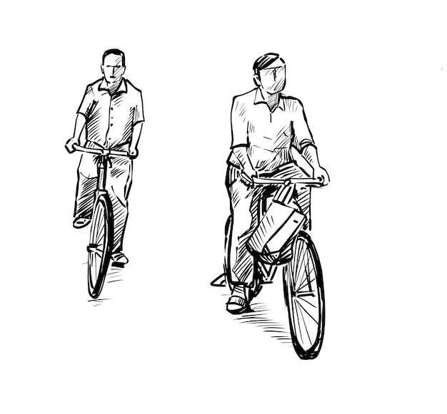 二人の絵は自転車の手描きをなくしています プレミアムベクター