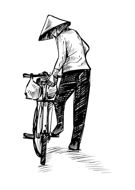 プレミアムベクター ベトナム人の絵は自転車の手描きをなくしている